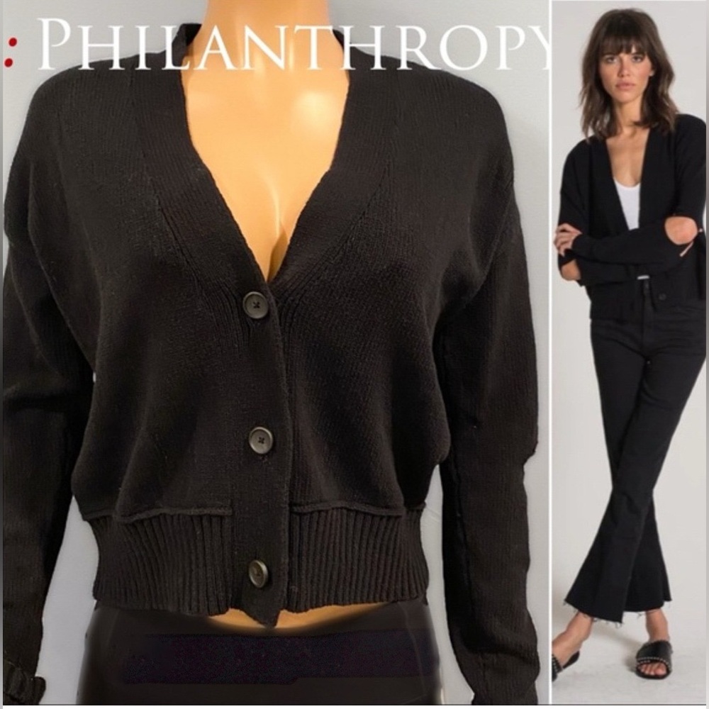 n:PHILANTHROPY Black Cropped V-Neck Button Cardigan